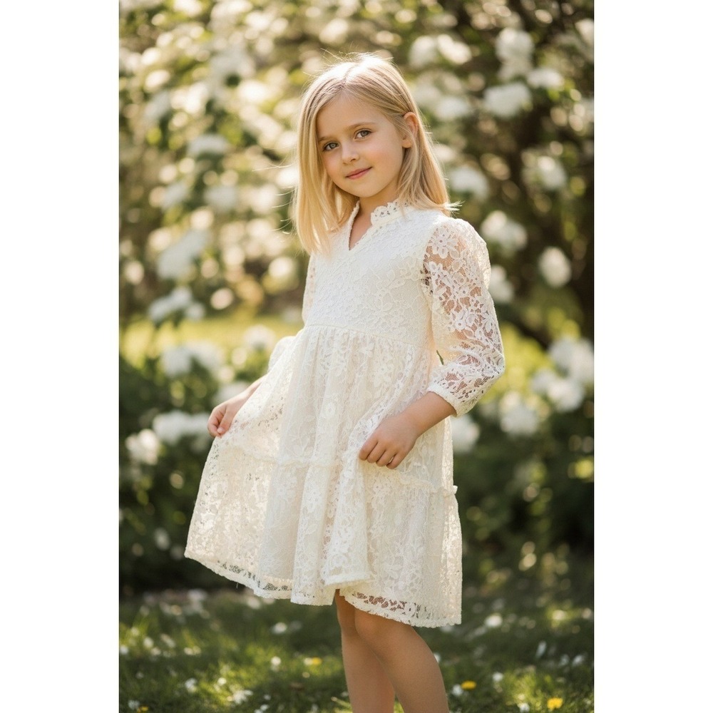 Zara Kids Lace Dress Cream White Button Front Tiered Ruffle Girls Size 8